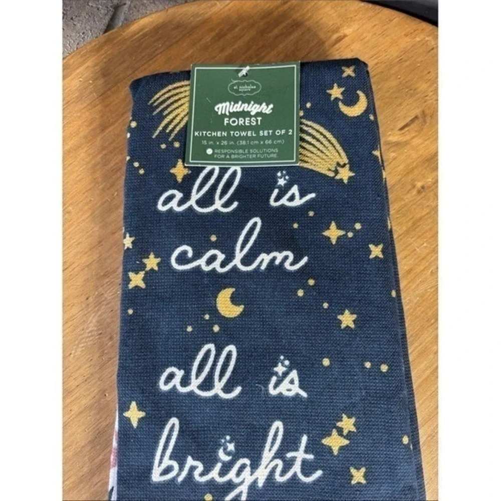 Midnight Forest Celestial Kitchen Towel Set Navy Gold & White Star Moon GIFT NEW